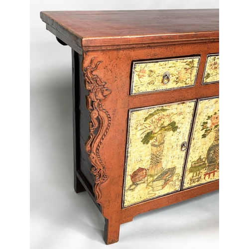 372 - SIDE CABINET, vintage 20th century Chinese, scarlet lacquered, carved sides and Chinoiserie flower p... 