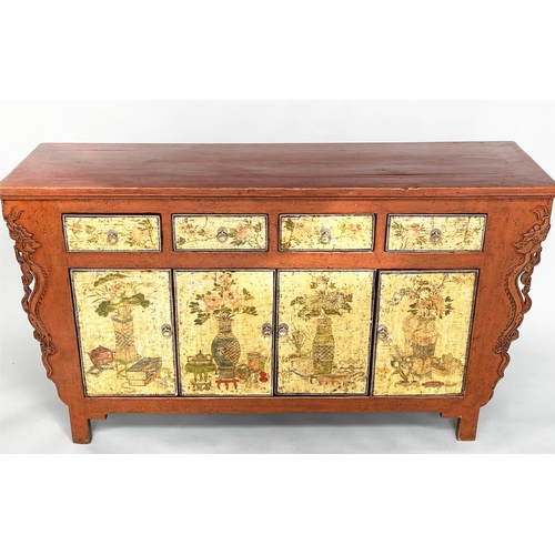 372 - SIDE CABINET, vintage 20th century Chinese, scarlet lacquered, carved sides and Chinoiserie flower p... 