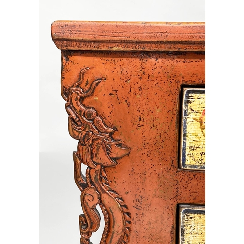 372 - SIDE CABINET, vintage 20th century Chinese, scarlet lacquered, carved sides and Chinoiserie flower p... 