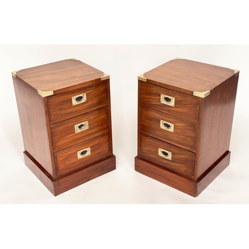 366 - CAMPAIGN STYLE CHESTS, a pair, mahogany and brass bound, each with three drawers, 36cm x 36cm x 56cm... 