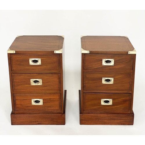 366 - CAMPAIGN STYLE CHESTS, a pair, mahogany and brass bound, each with three drawers, 36cm x 36cm x 56cm... 