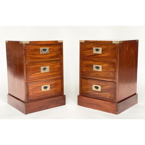 366 - CAMPAIGN STYLE CHESTS, a pair, mahogany and brass bound, each with three drawers, 36cm x 36cm x 56cm... 