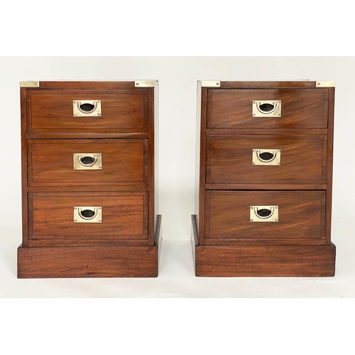 366 - CAMPAIGN STYLE CHESTS, a pair, mahogany and brass bound, each with three drawers, 36cm x 36cm x 56cm... 