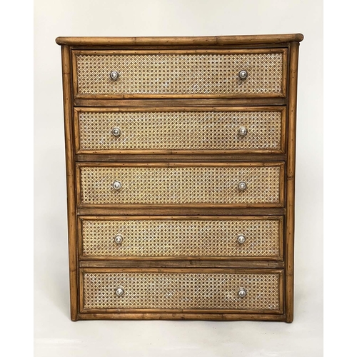 368 - FAUX BAMBOO CHEST, wicker panelled with four long drawers, 79cm W x 97cm H x 40cm D.