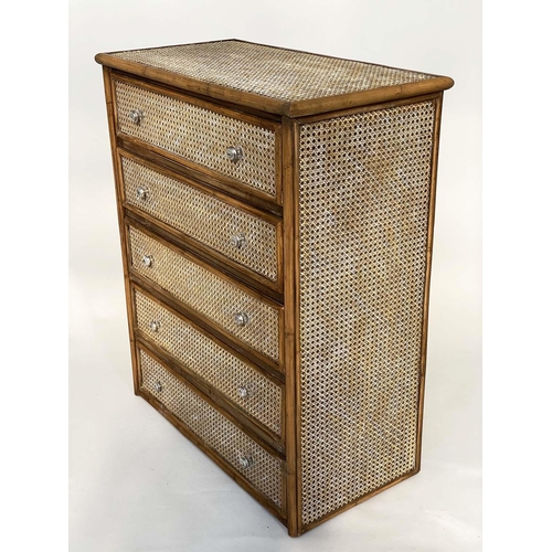 368 - FAUX BAMBOO CHEST, wicker panelled with four long drawers, 79cm W x 97cm H x 40cm D.