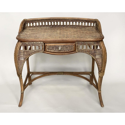 369 - BAMBOO WRITING TABLE, vintage rattan framed with arched woven panels, cane bound and with short frie... 