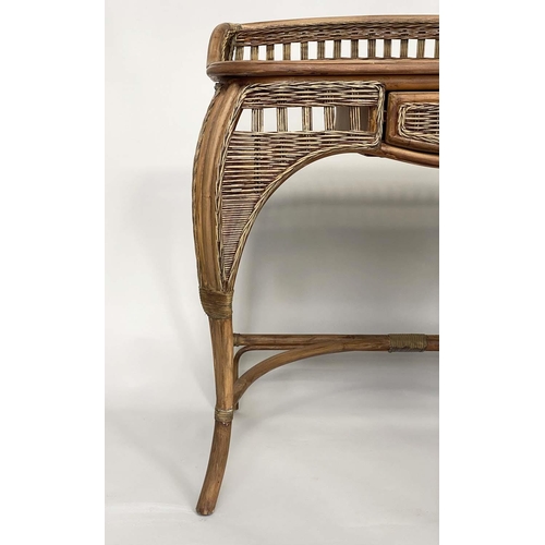 369 - BAMBOO WRITING TABLE, vintage rattan framed with arched woven panels, cane bound and with short frie... 