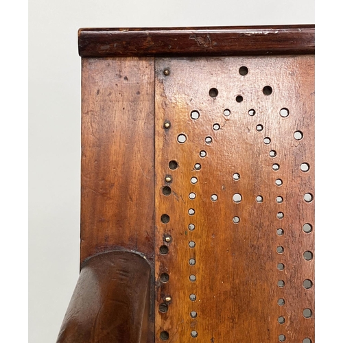 370 - WAITING ROOM BENCH, 19th century mahogany framed with fruitwood and plywood pierced seat, 194cm W.