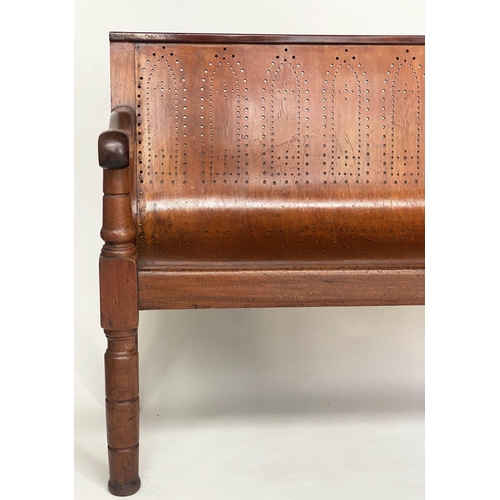 370 - WAITING ROOM BENCH, 19th century mahogany framed with fruitwood and plywood pierced seat, 194cm W.