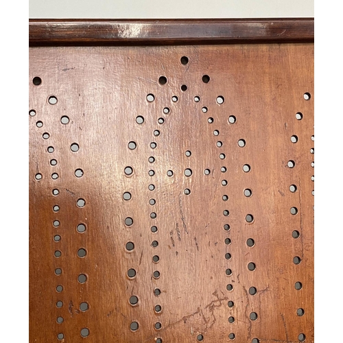 370 - WAITING ROOM BENCH, 19th century mahogany framed with fruitwood and plywood pierced seat, 194cm W.