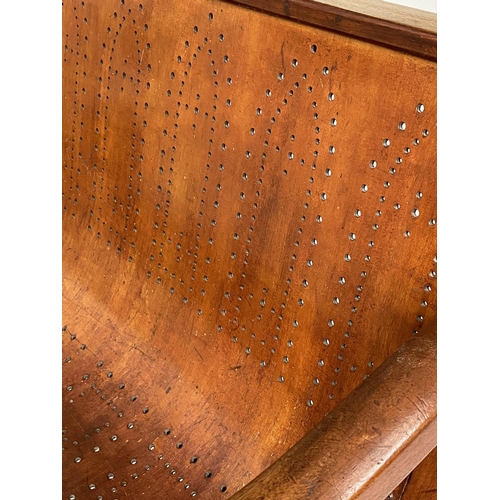 370 - WAITING ROOM BENCH, 19th century mahogany framed with fruitwood and plywood pierced seat, 194cm W.