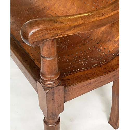 370 - WAITING ROOM BENCH, 19th century mahogany framed with fruitwood and plywood pierced seat, 194cm W.