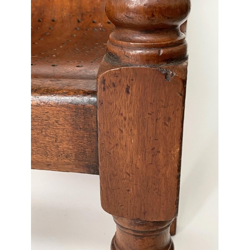 370 - WAITING ROOM BENCH, 19th century mahogany framed with fruitwood and plywood pierced seat, 194cm W.