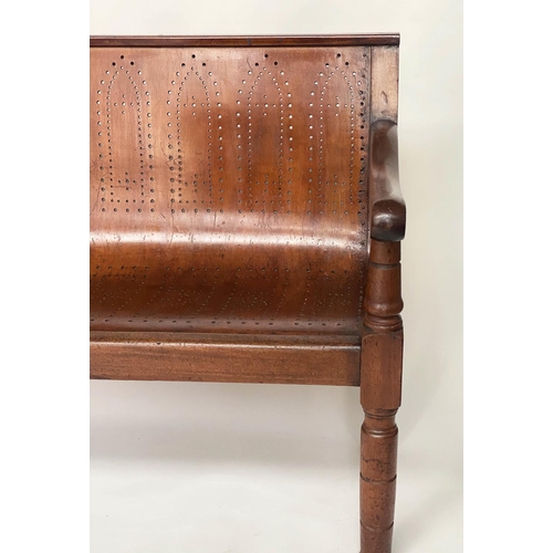 370 - WAITING ROOM BENCH, 19th century mahogany framed with fruitwood and plywood pierced seat, 194cm W.