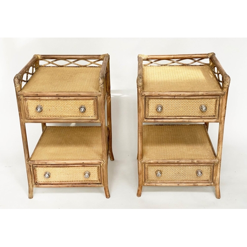 371 - LAMP TABLES, a pair, bamboo framed, wicker panelled and cane bound each with two drawers and gallery... 