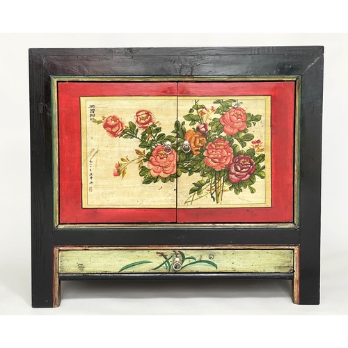 364 - SIDE CABINET, Chinese black lacquered, silvered mounts and Chinoiserie floral decorated with two doo... 