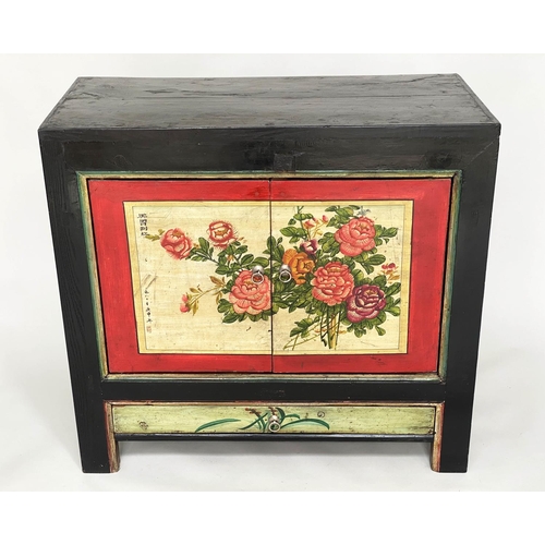 364 - SIDE CABINET, Chinese black lacquered, silvered mounts and Chinoiserie floral decorated with two doo... 