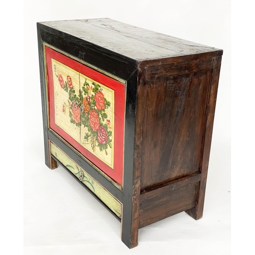 364 - SIDE CABINET, Chinese black lacquered, silvered mounts and Chinoiserie floral decorated with two doo... 