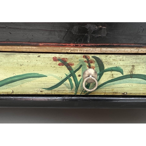 364 - SIDE CABINET, Chinese black lacquered, silvered mounts and Chinoiserie floral decorated with two doo... 