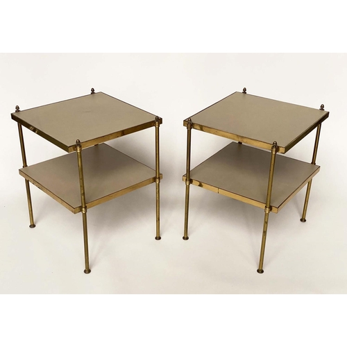 359 - ETAGERES, a pair, mid 20th century Regency style gilt metal, each with finials and two square taupe ... 