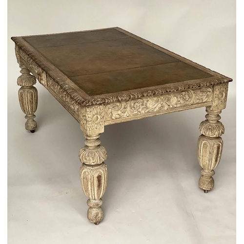 280 - LIBRARY TABLE, Victorian grey gothic oak with tooled leather above lion mask frieze and two drawers ... 