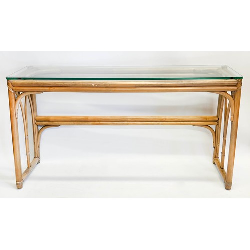 115 - CONSOLE TABLE, Strawberry Hill Gothic inspired bamboo with a rectangular glass top, 75cm H x 131cm x... 