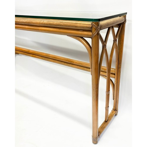 115 - CONSOLE TABLE, Strawberry Hill Gothic inspired bamboo with a rectangular glass top, 75cm H x 131cm x... 