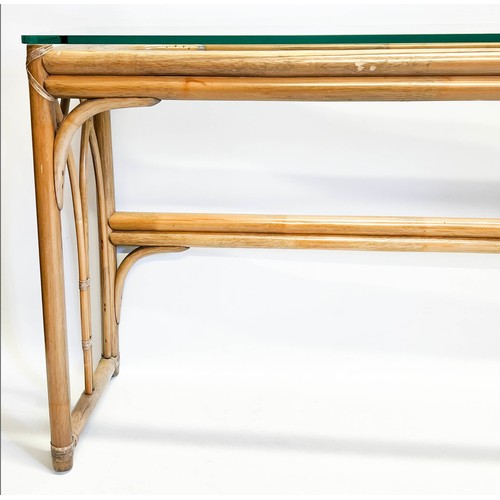 115 - CONSOLE TABLE, Strawberry Hill Gothic inspired bamboo with a rectangular glass top, 75cm H x 131cm x... 