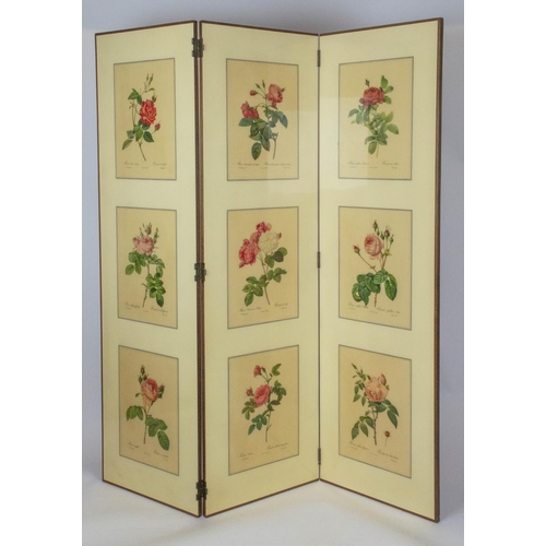 378 - SCREEN, 20th century of three leaf form decorated with rose printed panels, each leaf 170cm H x 50cm... 