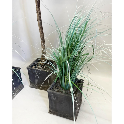 116 - FAUX POTTED BAY TREE, approx 175cm H, together with a pair of faux potted grasses. (3)