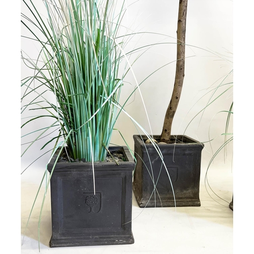 116 - FAUX POTTED BAY TREE, approx 175cm H, together with a pair of faux potted grasses. (3)