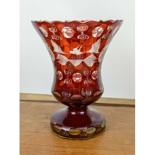 12 - COLLECTION OF GLASSWARE, including a cranberry Bohemian cut glass vase, a Val St Lambert crystal ash... 