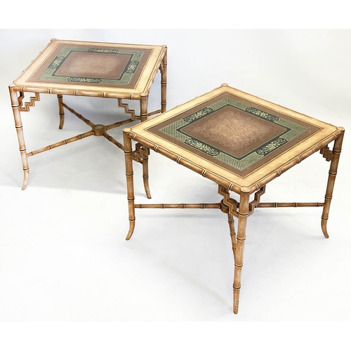 120 - LAMP TABLES, a pair, Regency design, faux bamboo frames with eglomise style glass tops, 49cm H x 56c... 