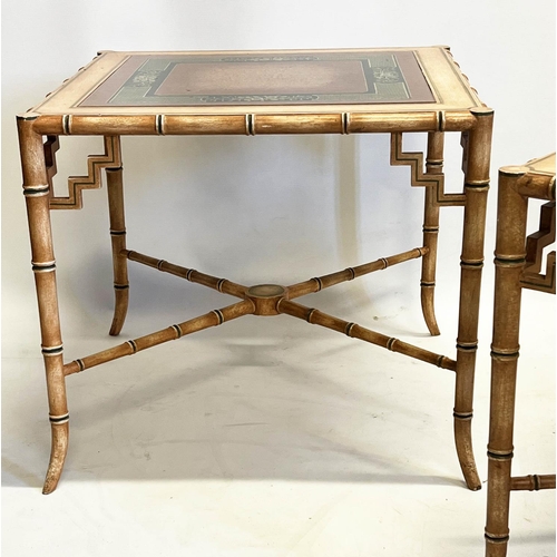 120 - LAMP TABLES, a pair, Regency design, faux bamboo frames with eglomise style glass tops, 49cm H x 56c... 