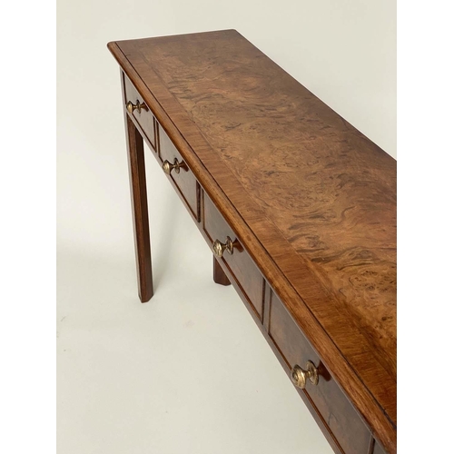 174 - HALL TABLE, George III design burr walnut and crossbanded with four frieze drawers and chanelled squ... 