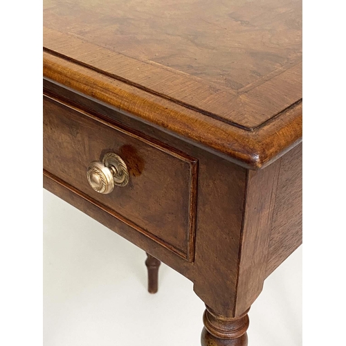 178 - LAMP TABLES, a pair, Regency style burr walnut and crossbanded each with drawer and reeded tapering ... 