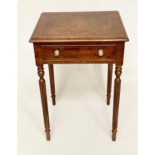 178 - LAMP TABLES, a pair, Regency style burr walnut and crossbanded each with drawer and reeded tapering ... 