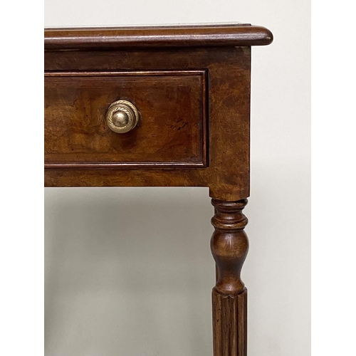 178 - LAMP TABLES, a pair, Regency style burr walnut and crossbanded each with drawer and reeded tapering ... 