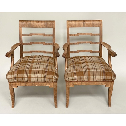 179 - ARMCHAIRS, a pair, Art Deco walnut each with stepped ladder back and woven linen check upholstery, 6... 