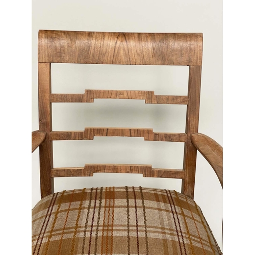 179 - ARMCHAIRS, a pair, Art Deco walnut each with stepped ladder back and woven linen check upholstery, 6... 