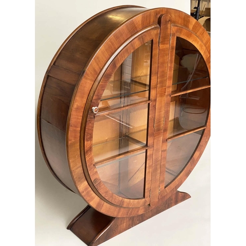 180 - CIRCULAR ART DECO DISPLAY CASE, burr walnut with two glazed doors and shelves, 129cm H x 119cm W x 3... 