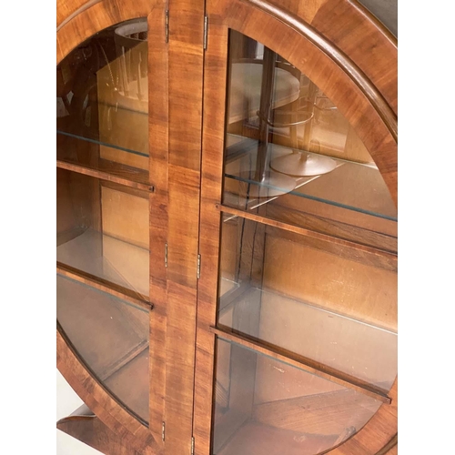 180 - CIRCULAR ART DECO DISPLAY CASE, burr walnut with two glazed doors and shelves, 129cm H x 119cm W x 3... 