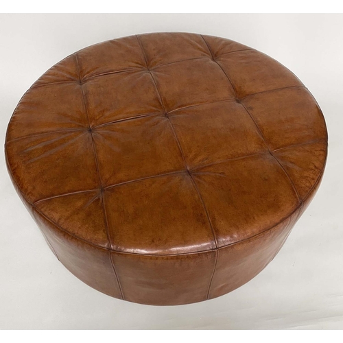 181 - CENTRE STOOL, circular buttoned tan brown leather, 109cm W x 42cm H.