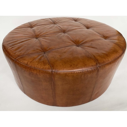 181 - CENTRE STOOL, circular buttoned tan brown leather, 109cm W x 42cm H.