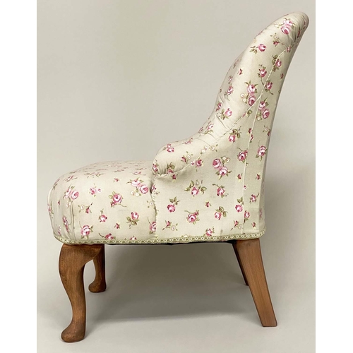 184 - SLIPPER CHAIR, rounded button back with rose printed cotton upholstery, 58cm x 73cm H x 61cm.