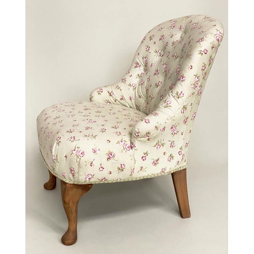 184 - SLIPPER CHAIR, rounded button back with rose printed cotton upholstery, 58cm x 73cm H x 61cm.