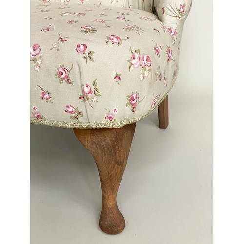 184 - SLIPPER CHAIR, rounded button back with rose printed cotton upholstery, 58cm x 73cm H x 61cm.