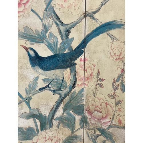 186 - SCREEN, three fold arched painted birds amidst trees and blossom, each panel 153cm H x 41cm W.