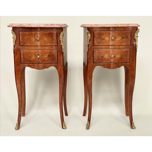 187 - TABLES DE NUIT, a pair, French Kingwood, marquetry and gilt metal mounted each with marble top and t... 