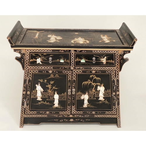 189 - CHINESE CABINET, 82cm H x 91cm W x 41cm D, black lacquered, mother of pearl and silvered metal mount... 